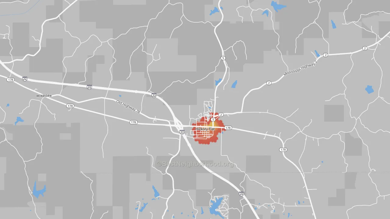 Walk Grade map of 38633, MS, walkable areas in green and car-dependent areas in red