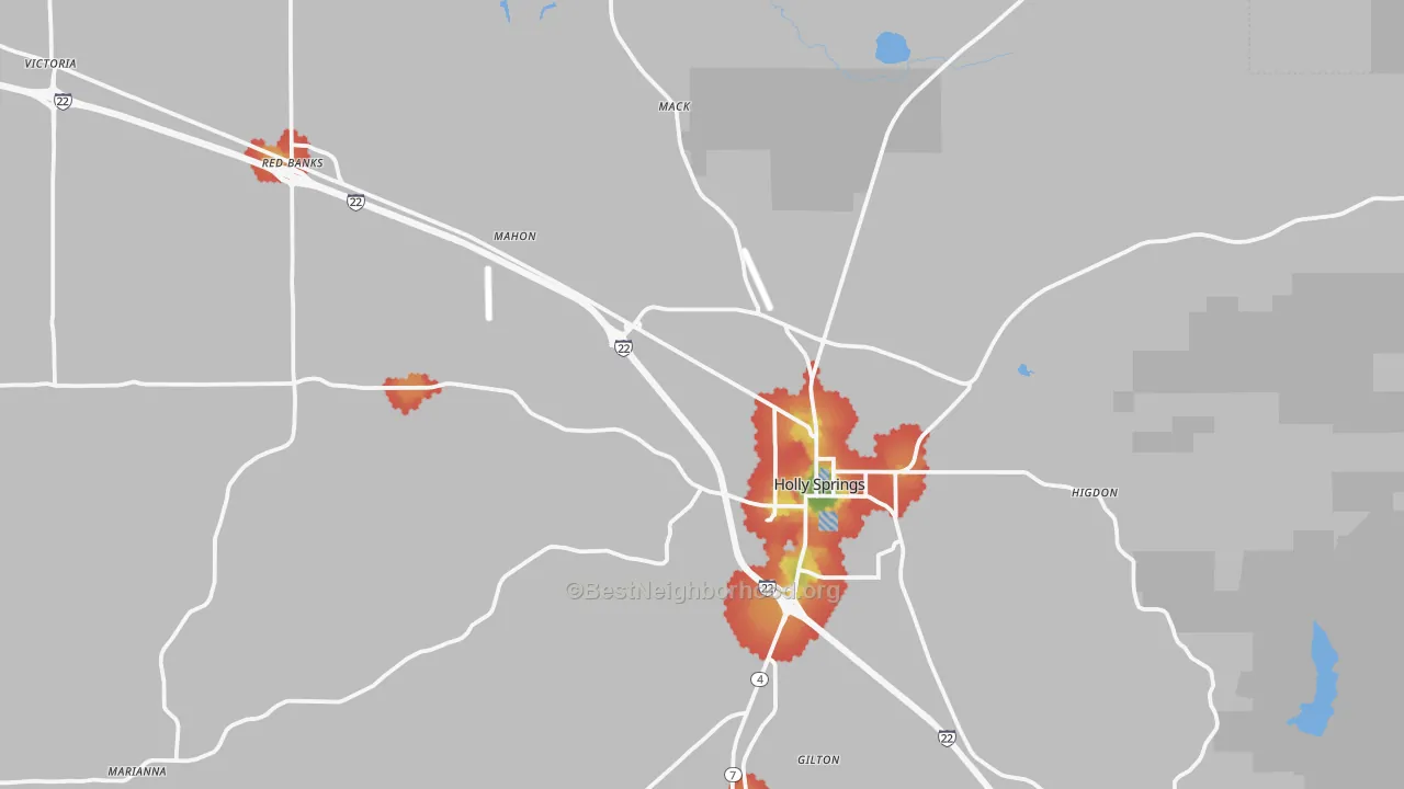 Walk Grade map of 38635, MS, walkable areas in green and car-dependent areas in red