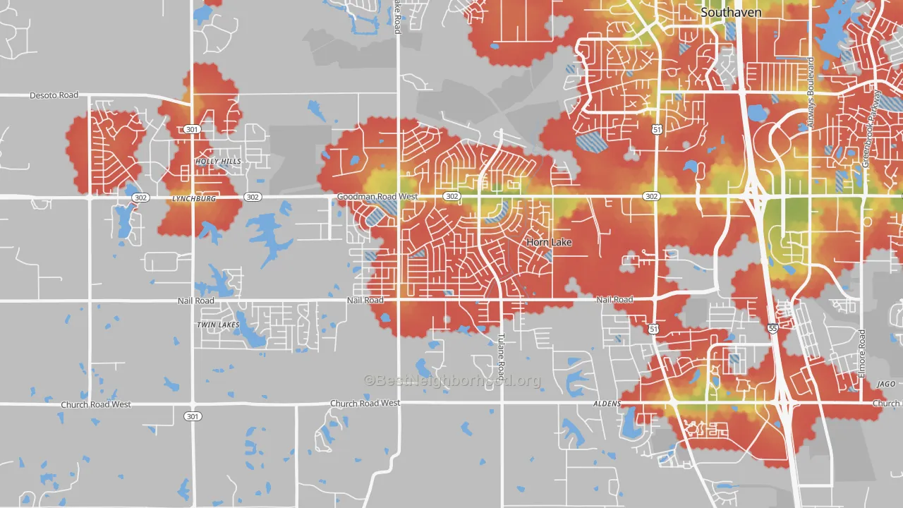 Walk Grade map of 38637, MS, walkable areas in green and car-dependent areas in red