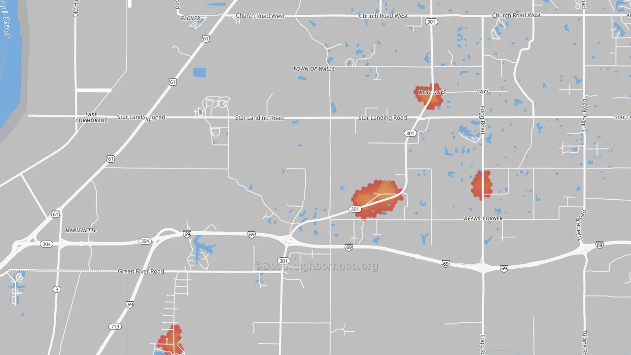 Walk Grade map of 38641, MS, walkable areas in green and car-dependent areas in red