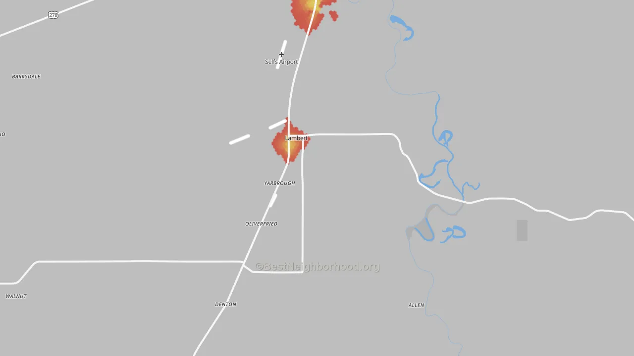 Walk Grade map of 38643, MS, walkable areas in green and car-dependent areas in red