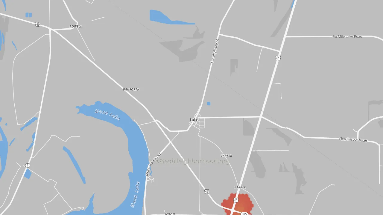 Walk Grade map of 38644, MS, walkable areas in green and car-dependent areas in red
