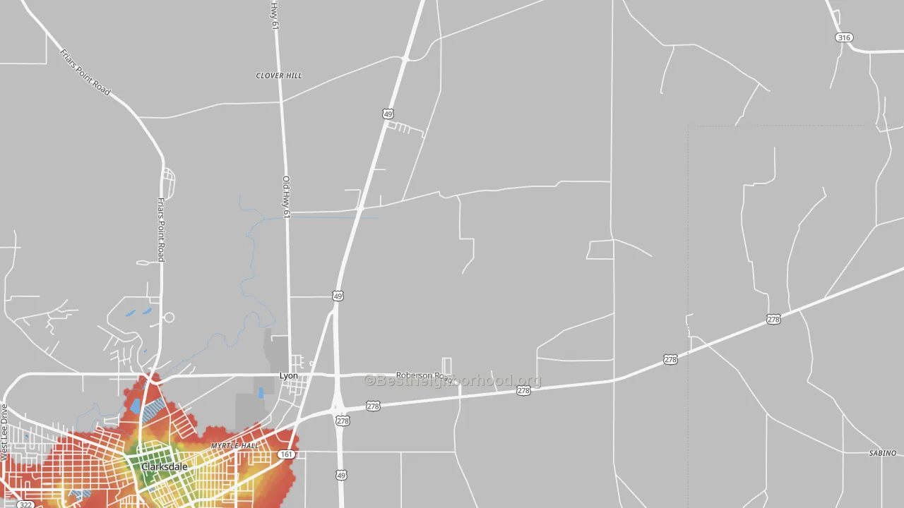 Walk Grade map of 38645, MS, walkable areas in green and car-dependent areas in red