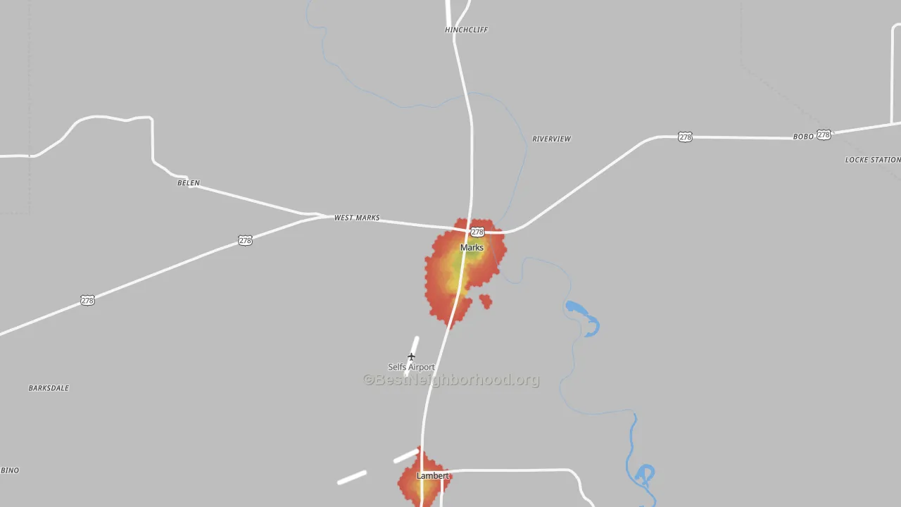 Walk Grade map of 38646, MS, walkable areas in green and car-dependent areas in red