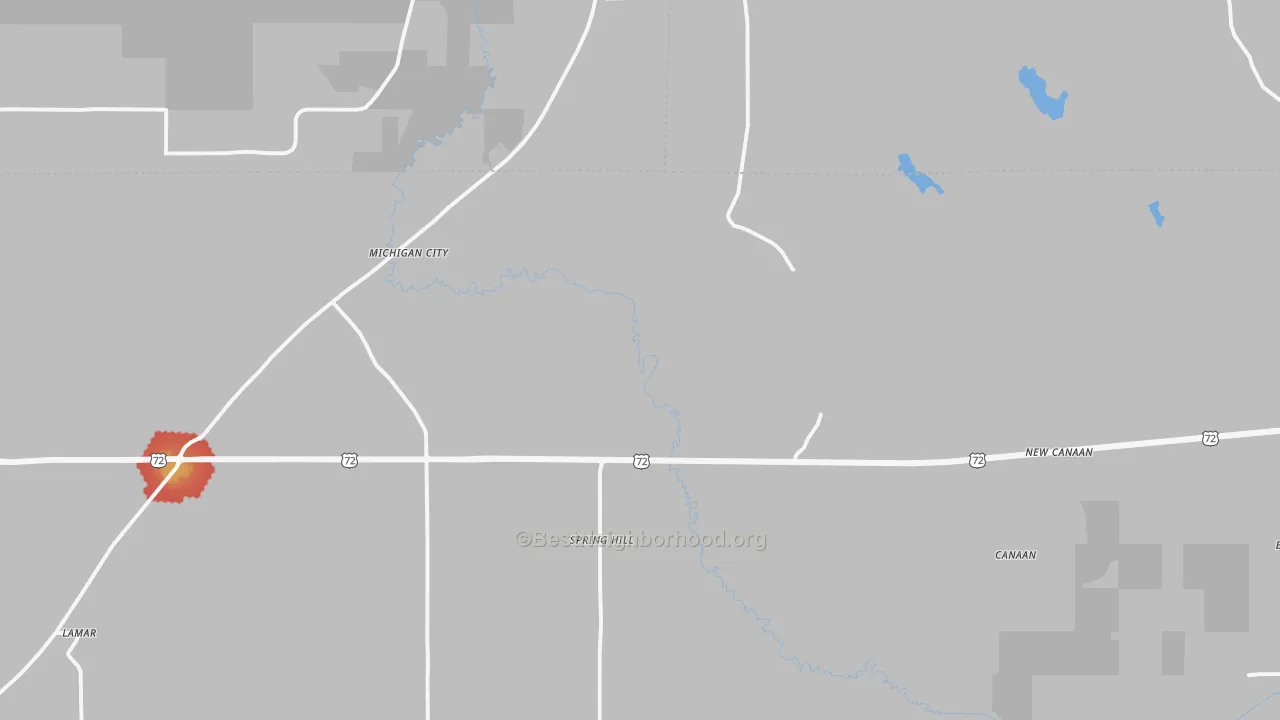 Walk Grade map of 38647, MS, walkable areas in green and car-dependent areas in red