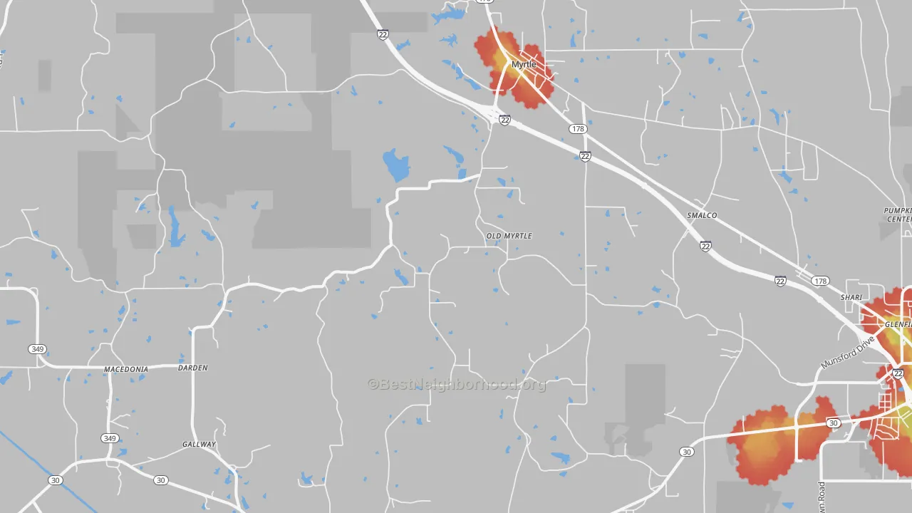 Walk Grade map of 38650, MS, walkable areas in green and car-dependent areas in red