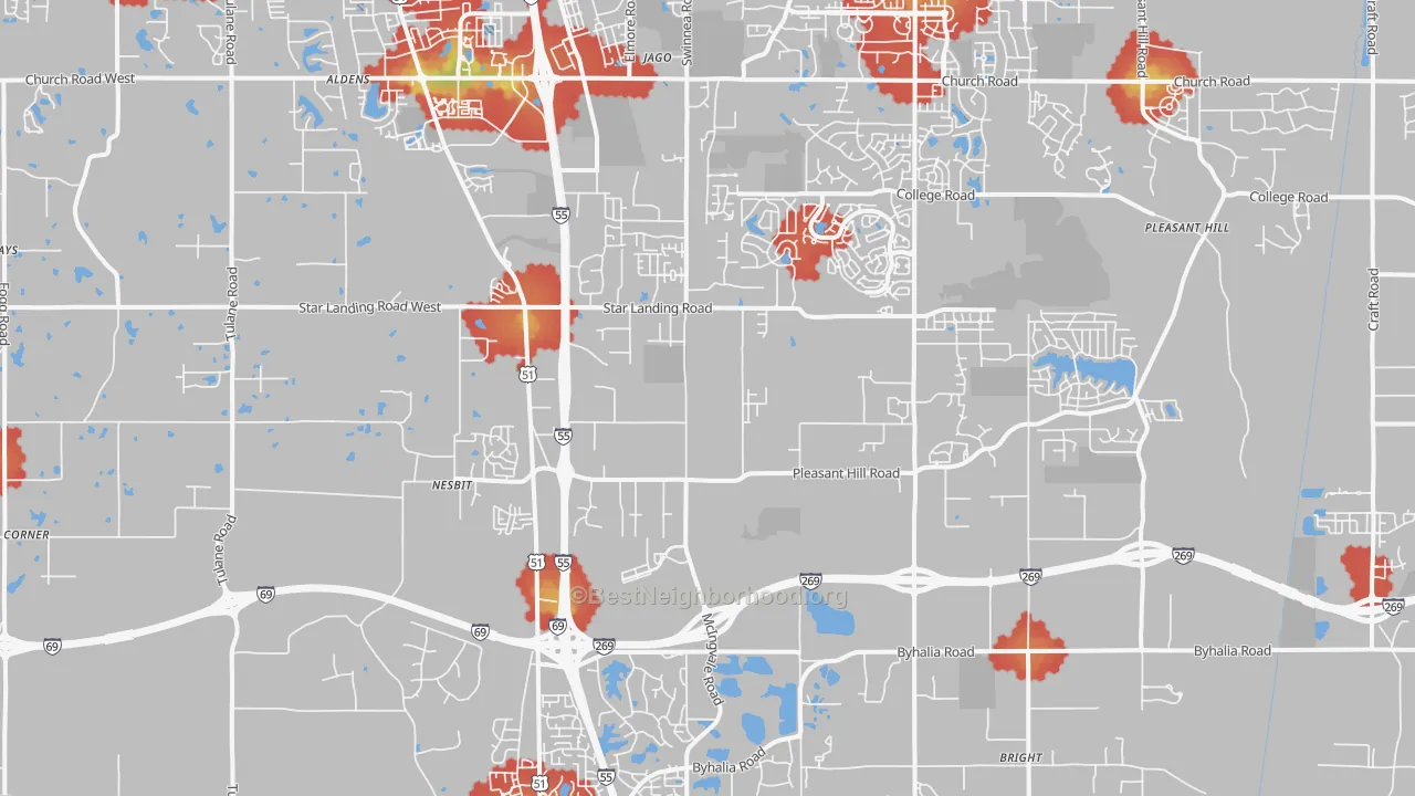 Walk Grade map of 38651, MS, walkable areas in green and car-dependent areas in red