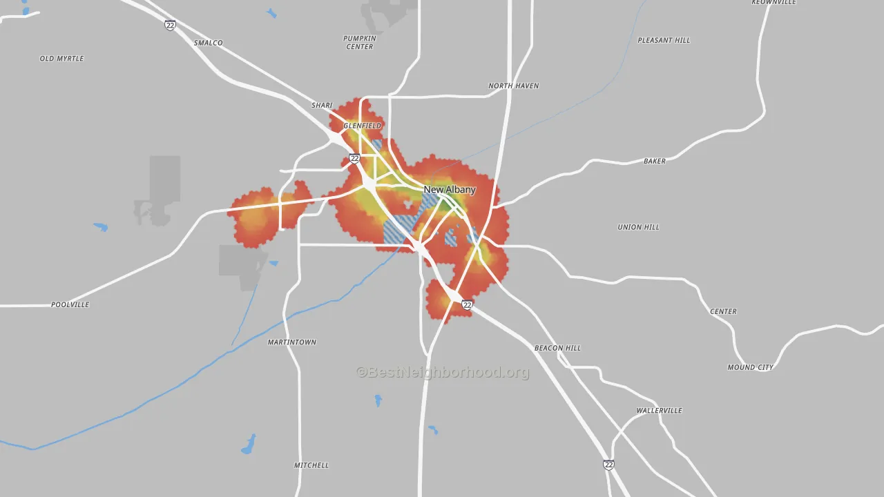 Walk Grade map of 38652, MS, walkable areas in green and car-dependent areas in red