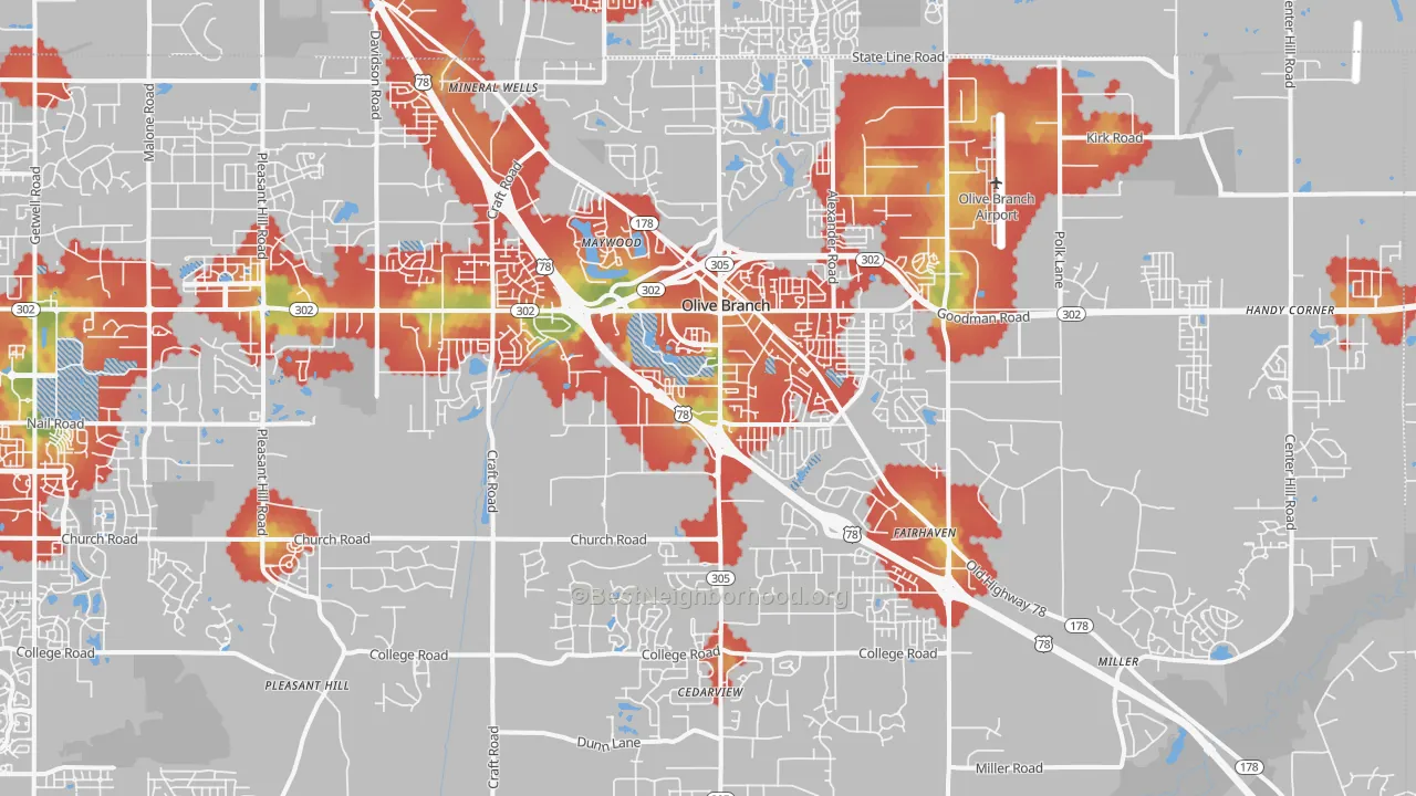Walk Grade map of 38654, MS, walkable areas in green and car-dependent areas in red