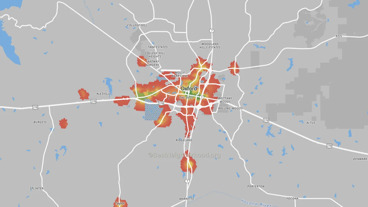 Walk Grade map of 38655, MS, walkable areas in green and car-dependent areas in red
