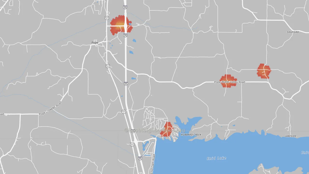 Walk Grade map of 38658, MS, walkable areas in green and car-dependent areas in red