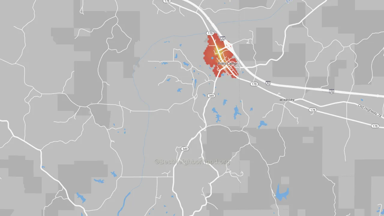 Walk Grade map of 38659, MS, walkable areas in green and car-dependent areas in red