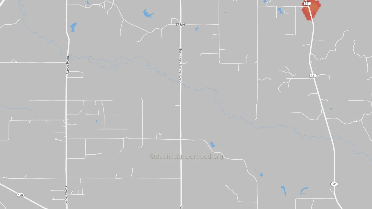 Walk Grade map of 38661, MS, walkable areas in green and car-dependent areas in red