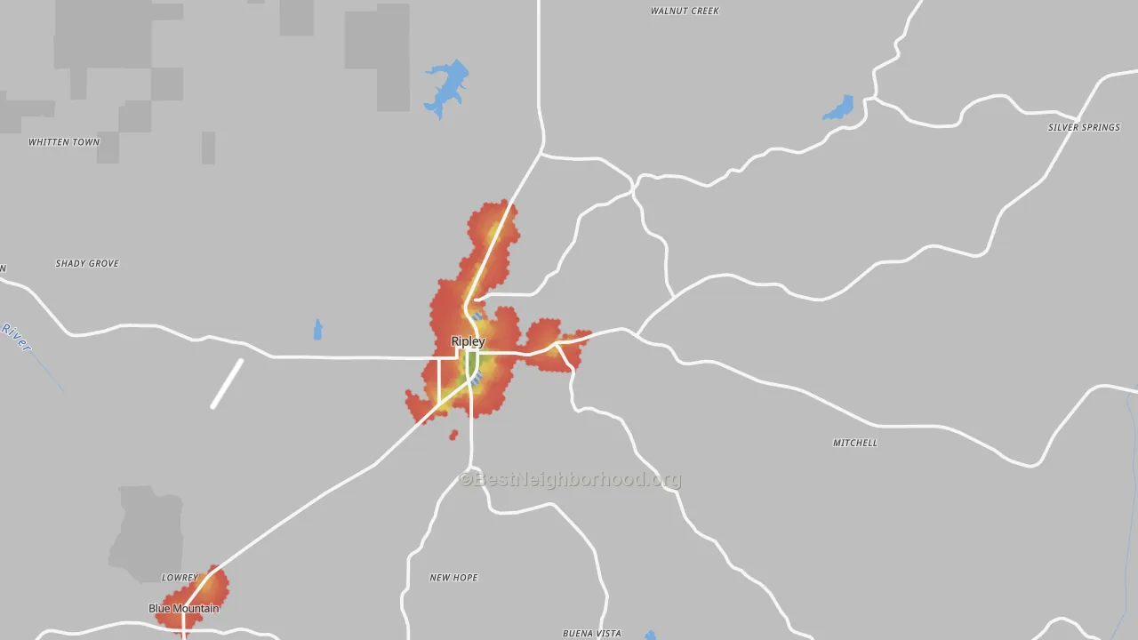 Walk Grade map of 38663, MS, walkable areas in green and car-dependent areas in red