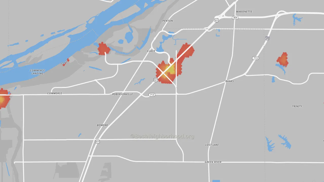 Walk Grade map of 38664, MS, walkable areas in green and car-dependent areas in red