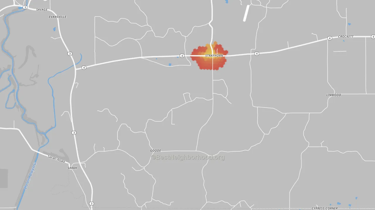 Walk Grade map of 38665, MS, walkable areas in green and car-dependent areas in red
