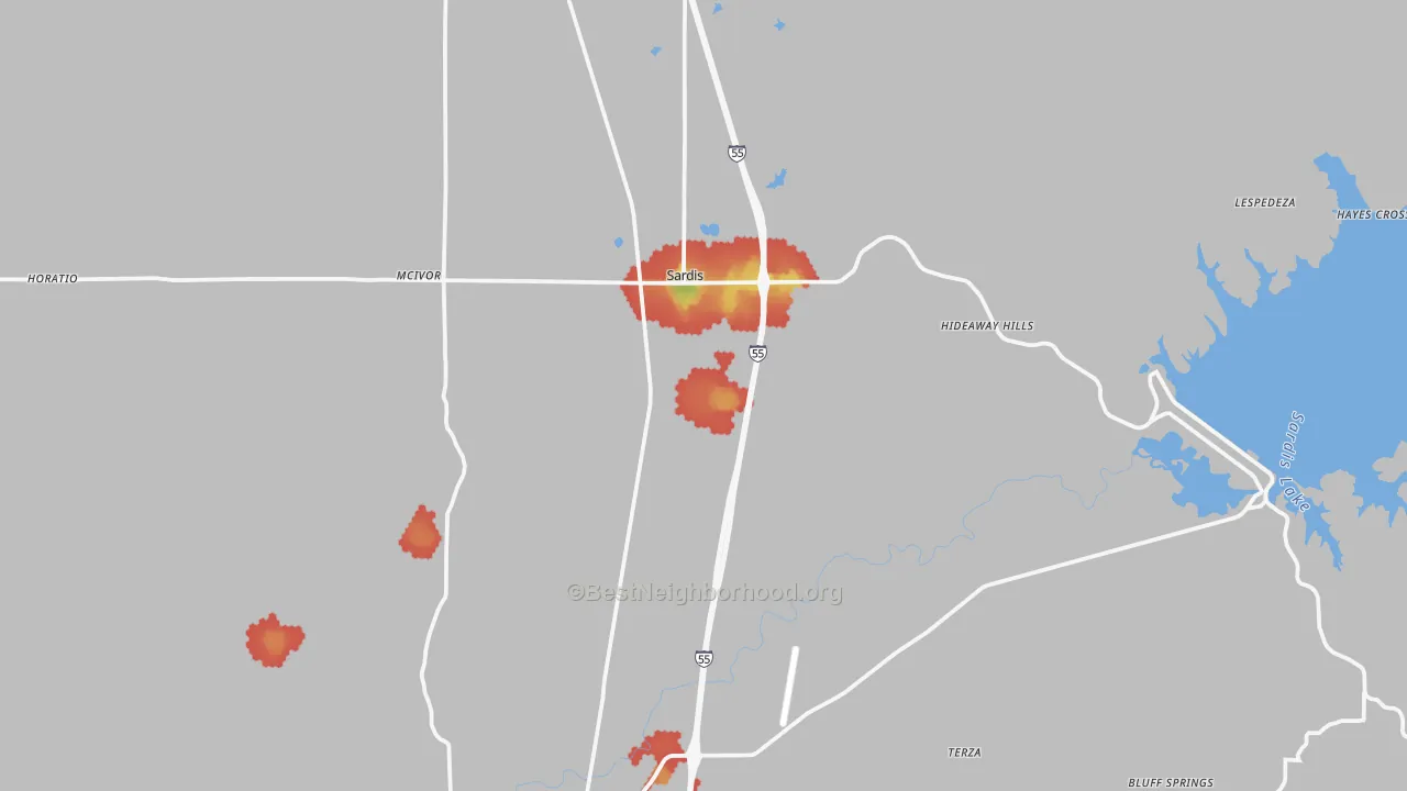 Walk Grade map of 38666, MS, walkable areas in green and car-dependent areas in red