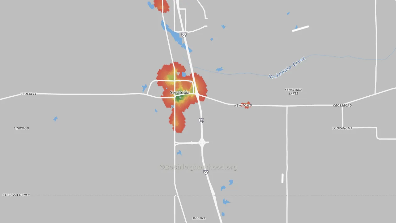 Walk Grade map of 38668, MS, walkable areas in green and car-dependent areas in red