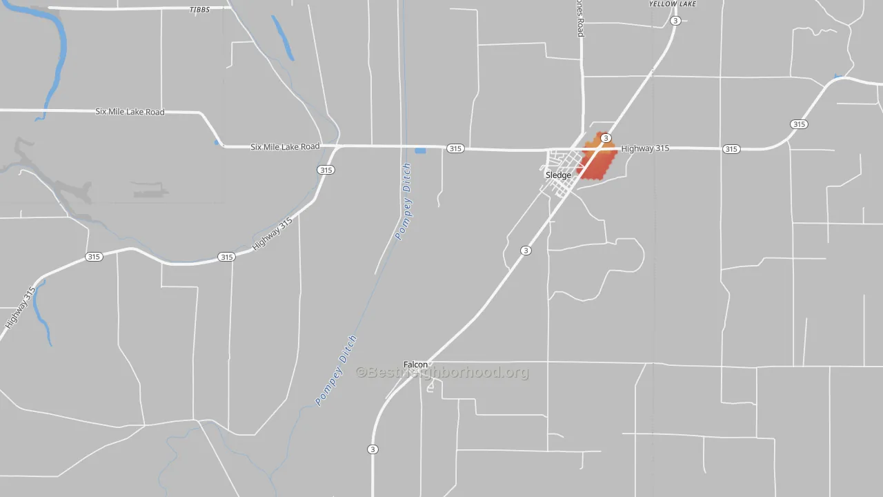 Walk Grade map of 38670, MS, walkable areas in green and car-dependent areas in red