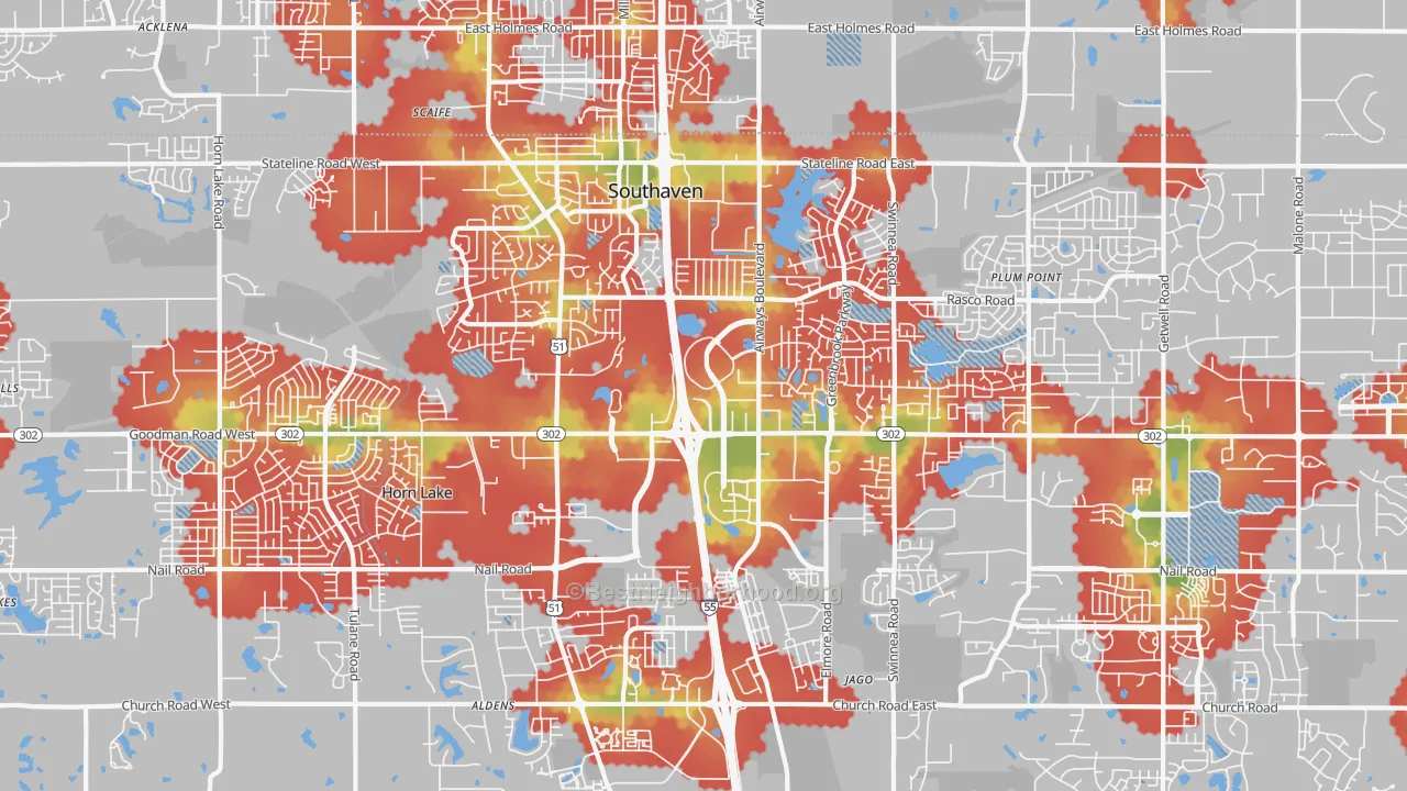 Walk Grade map of 38671, MS, walkable areas in green and car-dependent areas in red