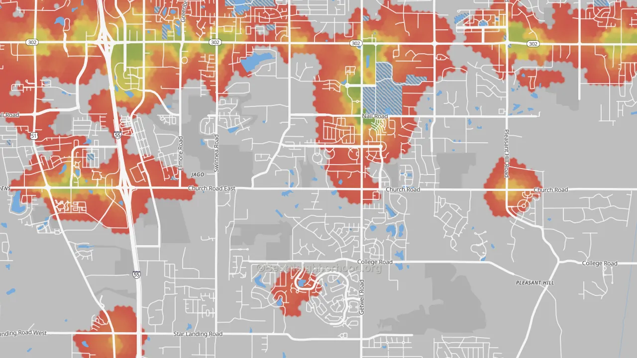 Walk Grade map of 38672, MS, walkable areas in green and car-dependent areas in red