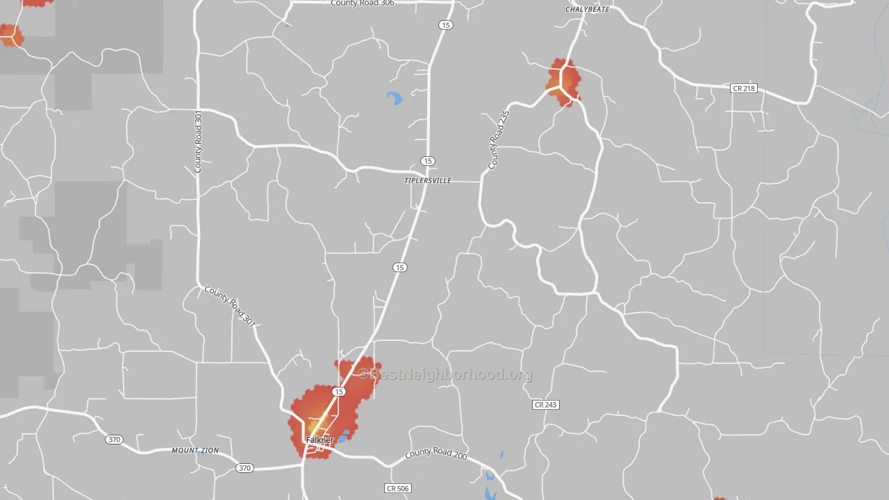 Walk Grade map of 38674, MS, walkable areas in green and car-dependent areas in red