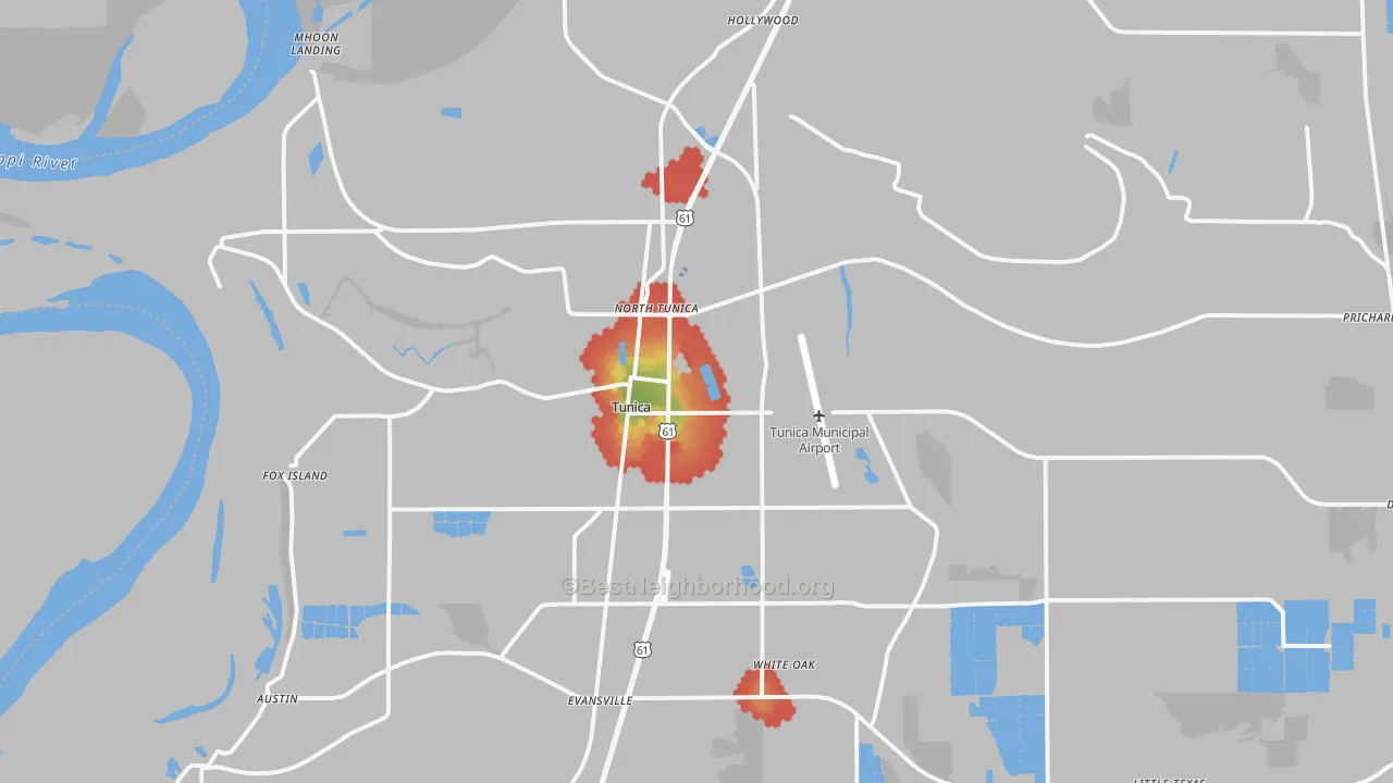 Walk Grade map of 38676, MS, walkable areas in green and car-dependent areas in red