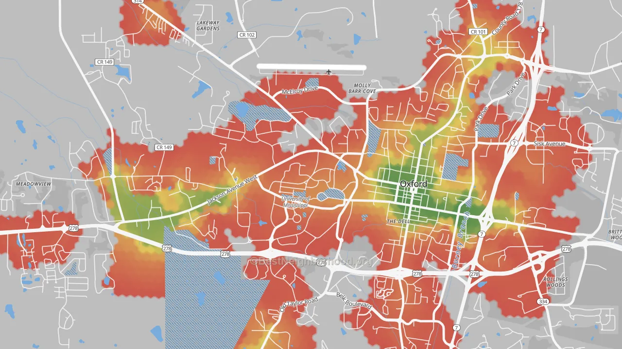 Walk Grade map of 38677, MS, walkable areas in green and car-dependent areas in red