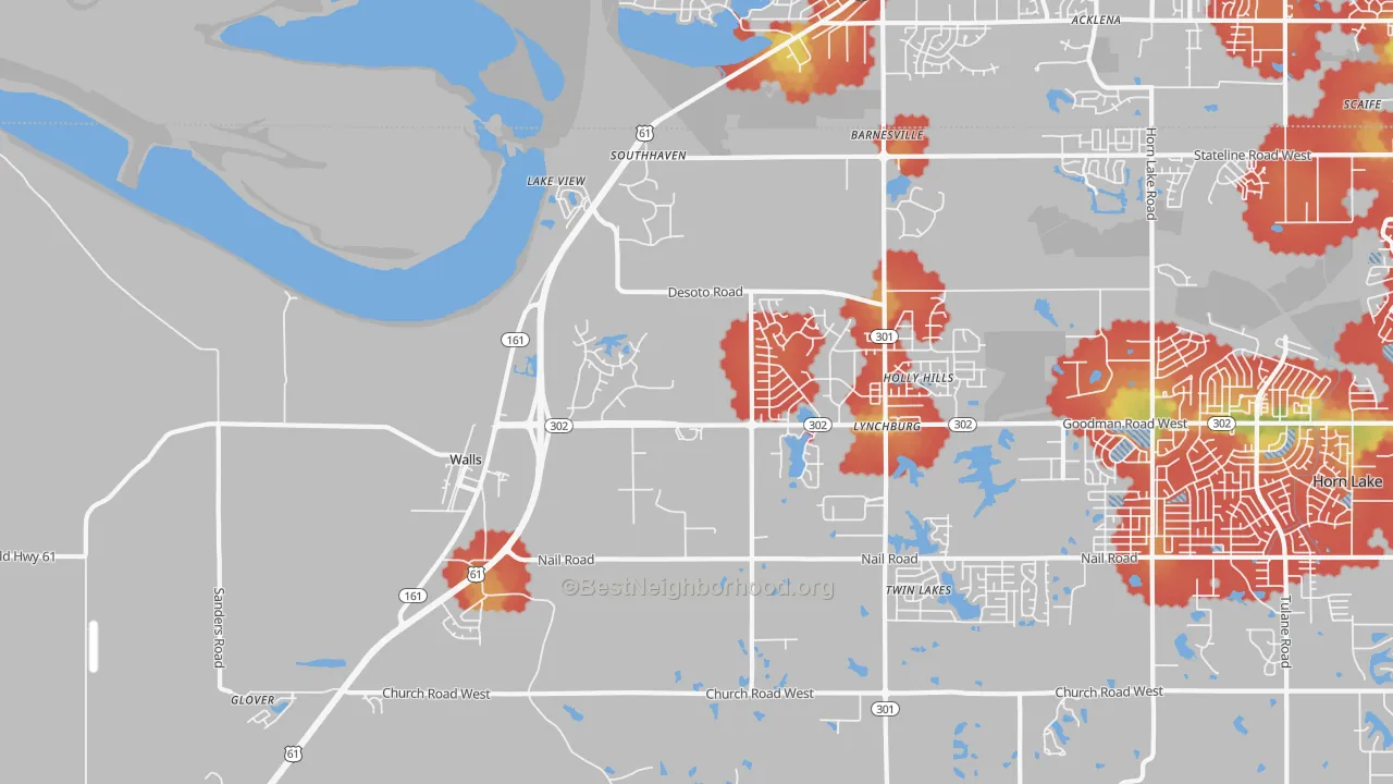 Walk Grade map of 38680, MS, walkable areas in green and car-dependent areas in red
