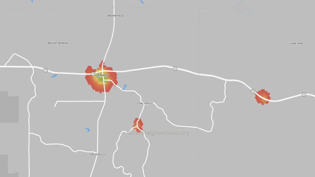 Walk Grade map of 38683, MS, walkable areas in green and car-dependent areas in red