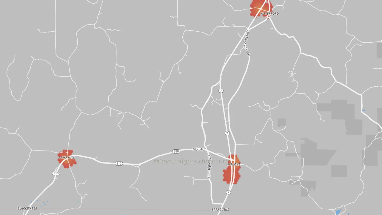 Walk Grade map of 38685, MS, walkable areas in green and car-dependent areas in red