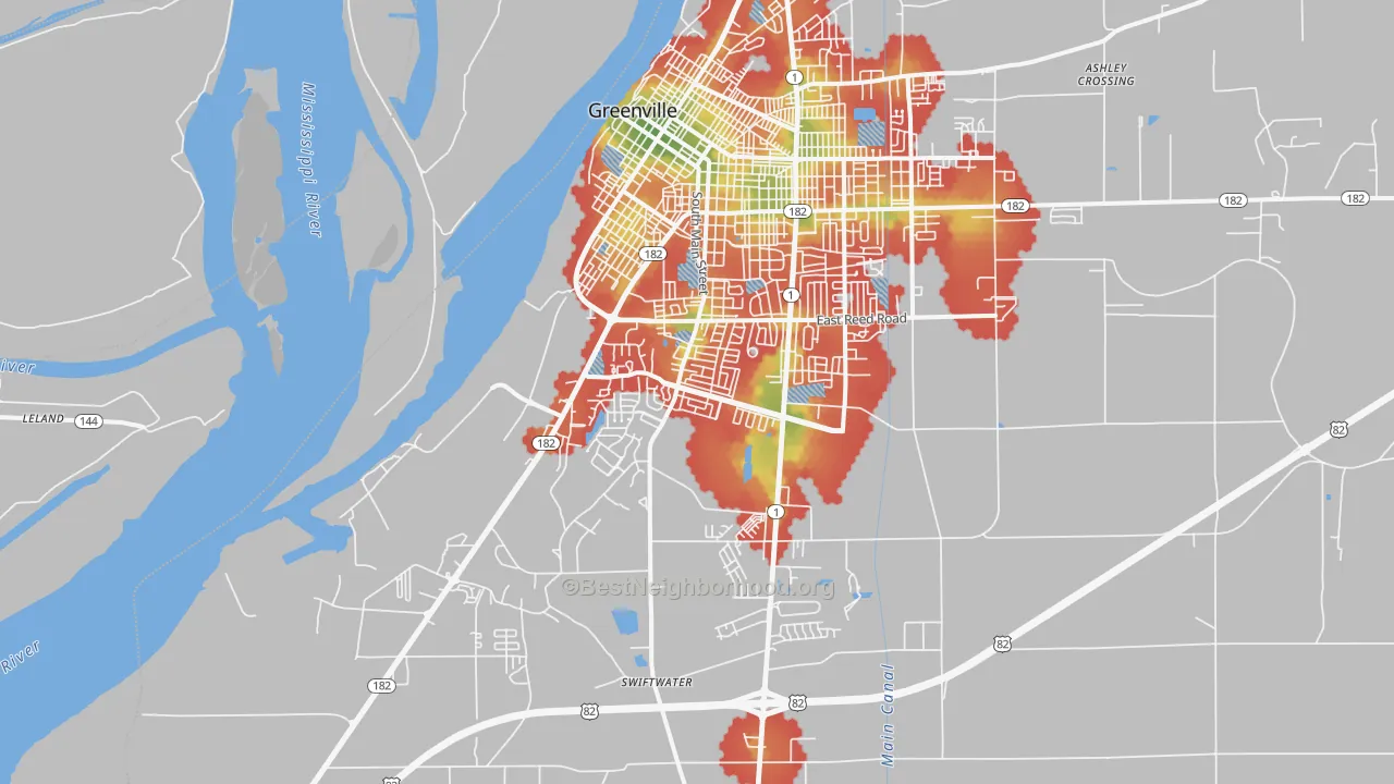 Walk Grade map of 38701, MS, walkable areas in green and car-dependent areas in red