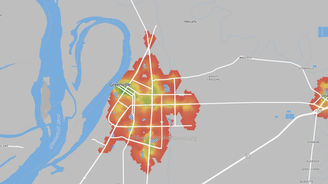 Walk Grade map of 38703, MS, walkable areas in green and car-dependent areas in red