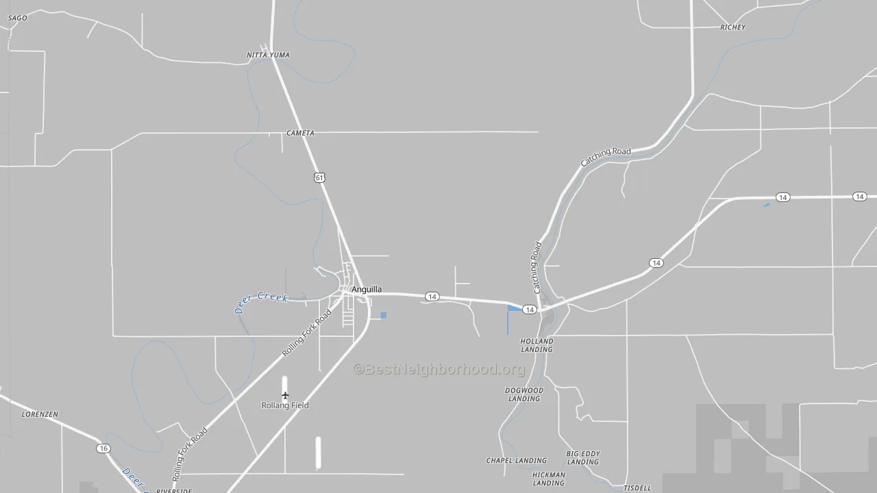 Walk Grade map of 38721, MS, walkable areas in green and car-dependent areas in red