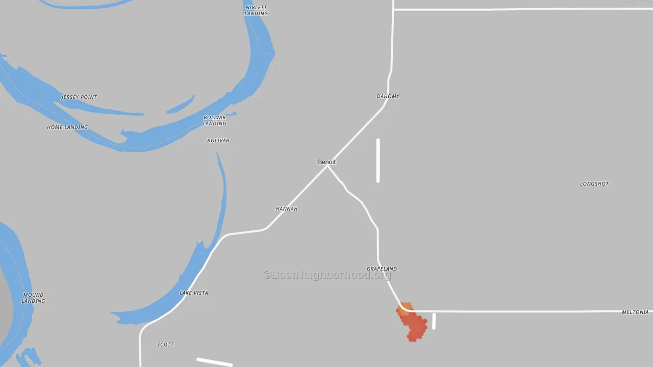 Walk Grade map of 38725, MS, walkable areas in green and car-dependent areas in red