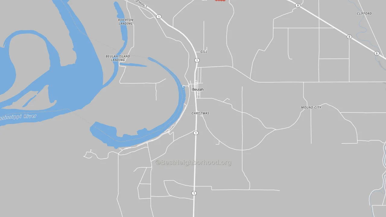 Walk Grade map of 38726, MS, walkable areas in green and car-dependent areas in red