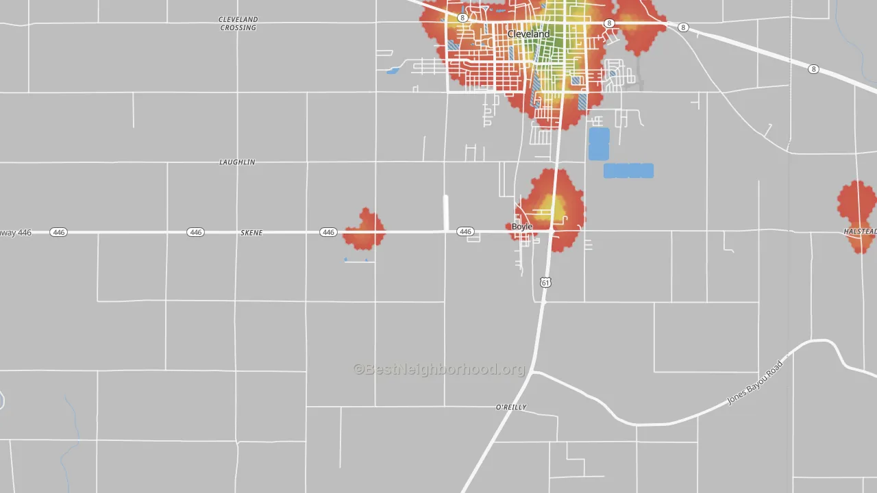 Walk Grade map of 38730, MS, walkable areas in green and car-dependent areas in red