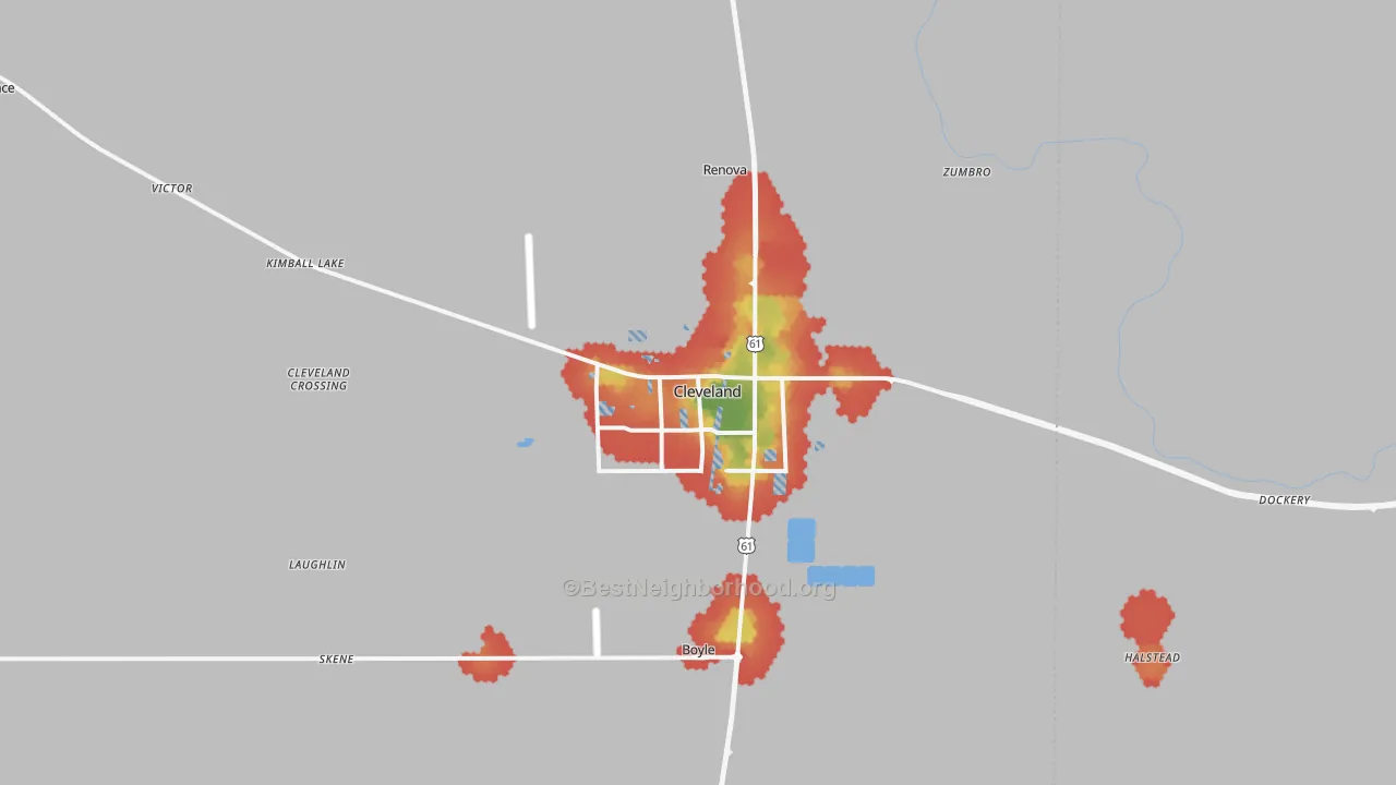 Walk Grade map of 38732, MS, walkable areas in green and car-dependent areas in red