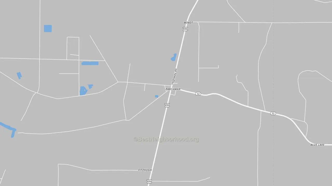 Walk Grade map of 38738, MS, walkable areas in green and car-dependent areas in red