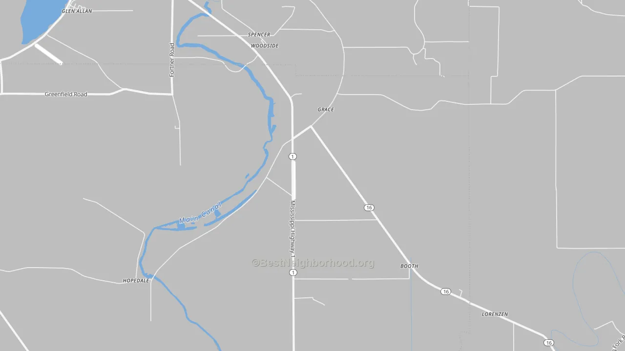 Walk Grade map of 38745, MS, walkable areas in green and car-dependent areas in red