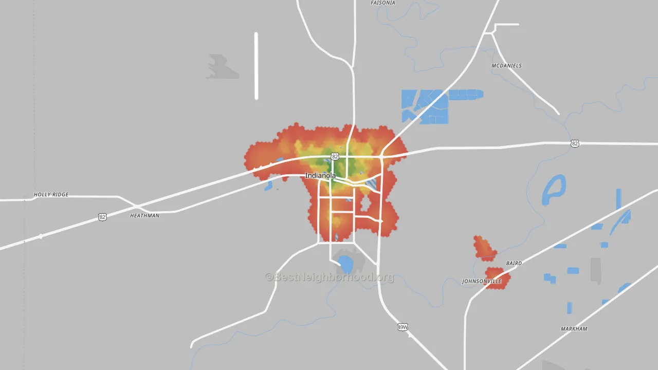 Walk Grade map of 38751, MS, walkable areas in green and car-dependent areas in red