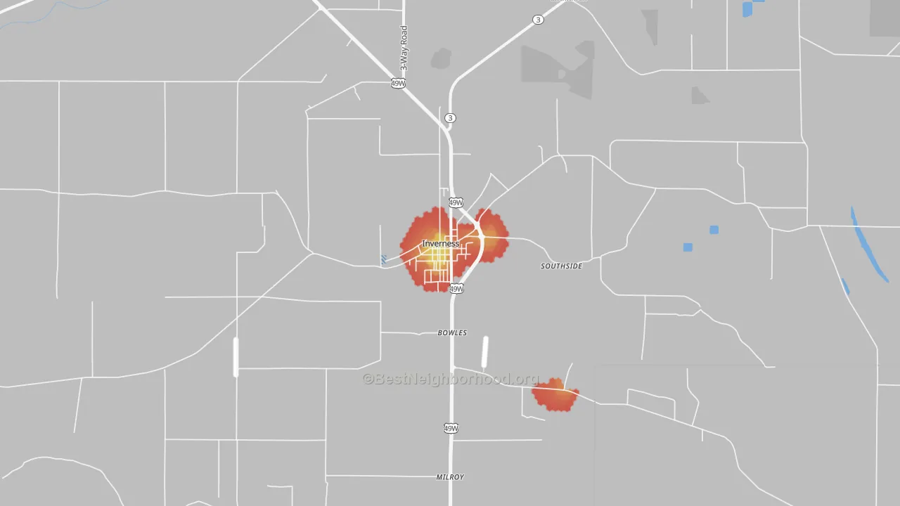 Walk Grade map of 38753, MS, walkable areas in green and car-dependent areas in red