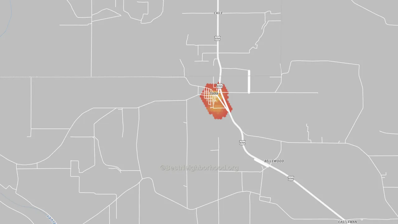 Walk Grade map of 38754, MS, walkable areas in green and car-dependent areas in red