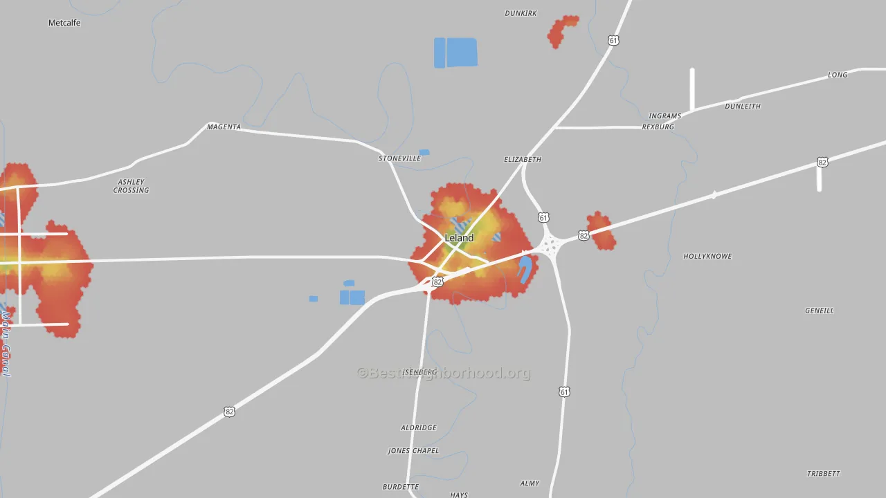 Walk Grade map of 38756, MS, walkable areas in green and car-dependent areas in red