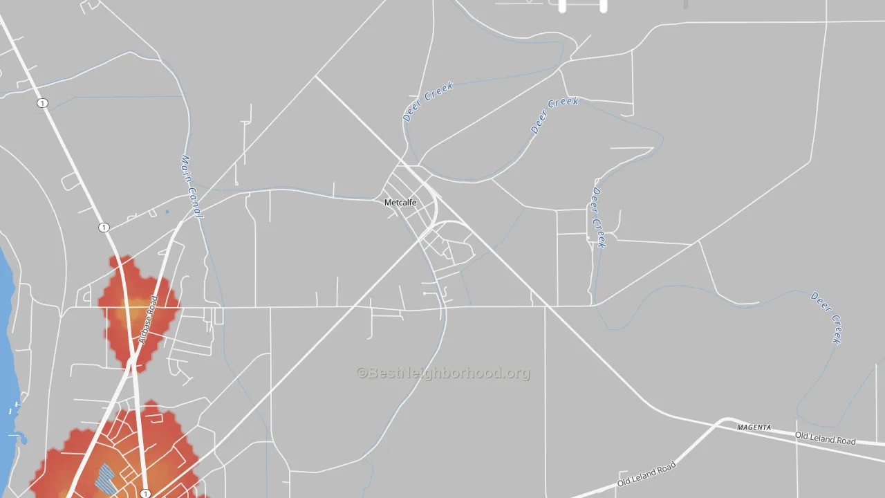 Walk Grade map of 38760, MS, walkable areas in green and car-dependent areas in red
