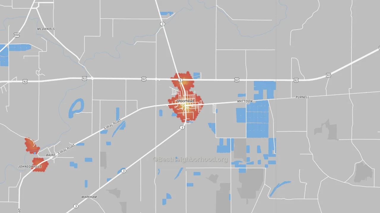 Walk Grade map of 38761, MS, walkable areas in green and car-dependent areas in red