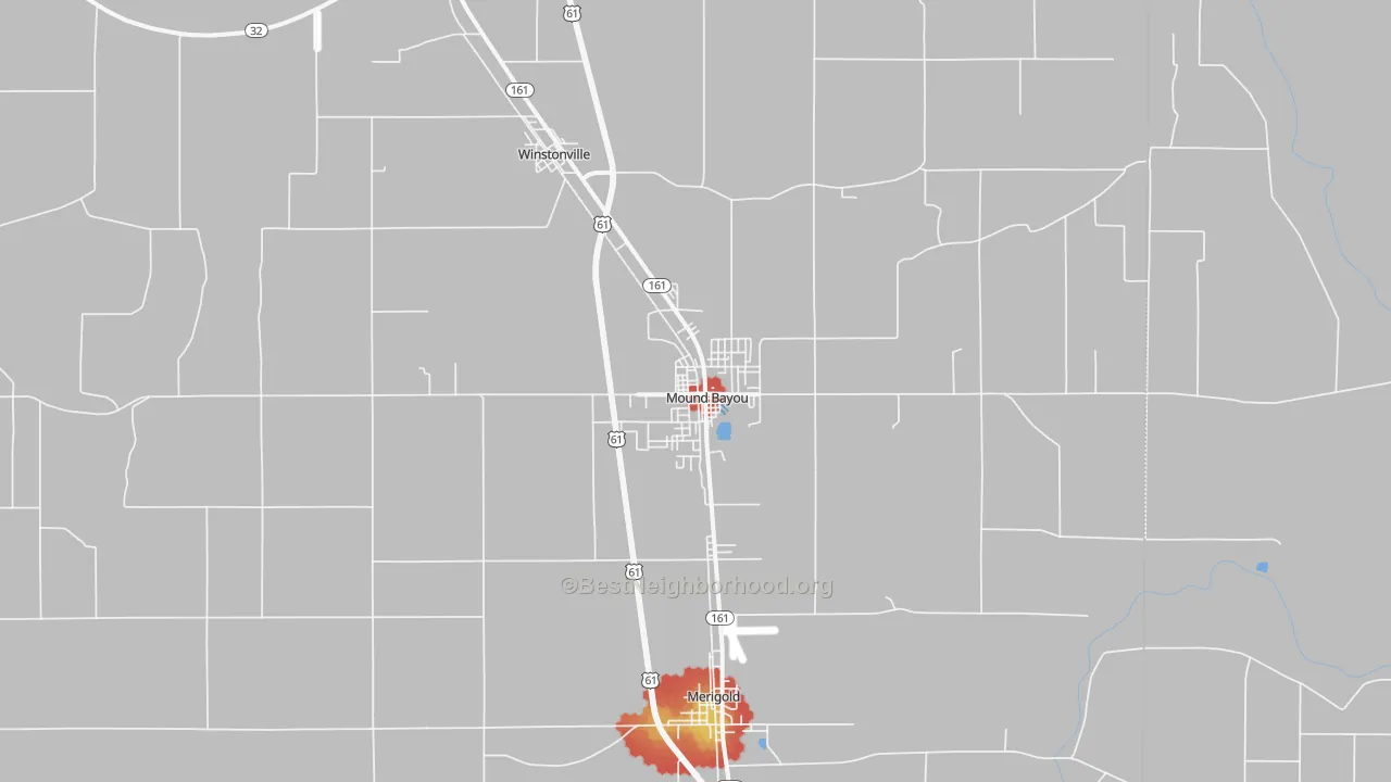 Walk Grade map of 38762, MS, walkable areas in green and car-dependent areas in red