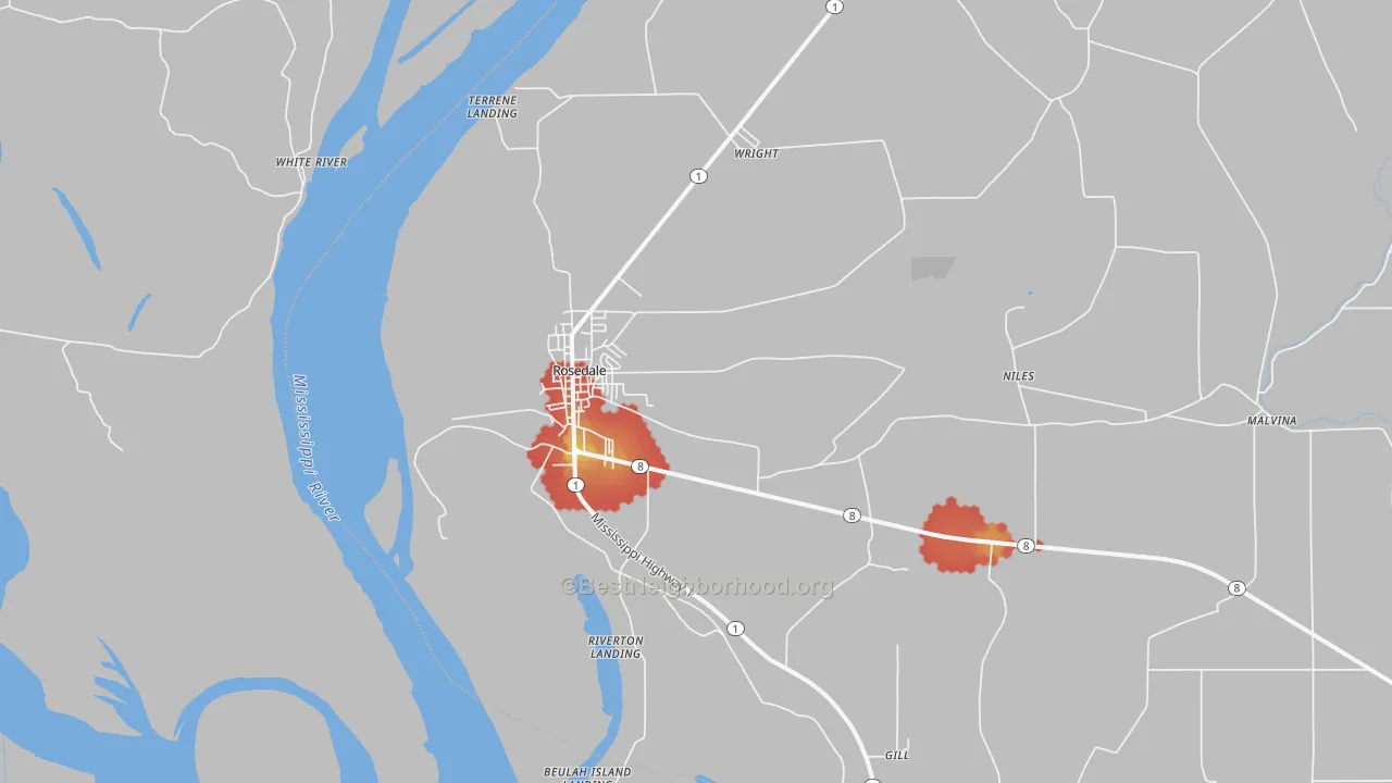 Walk Grade map of 38769, MS, walkable areas in green and car-dependent areas in red