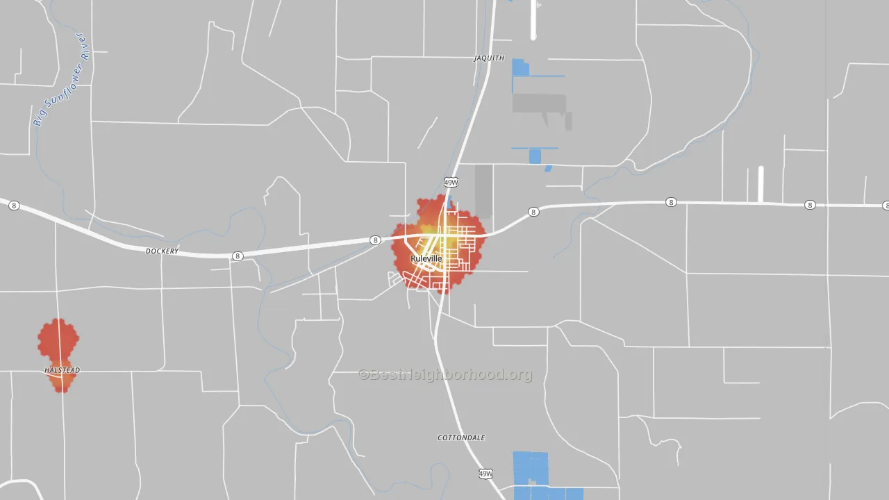 Walk Grade map of 38771, MS, walkable areas in green and car-dependent areas in red