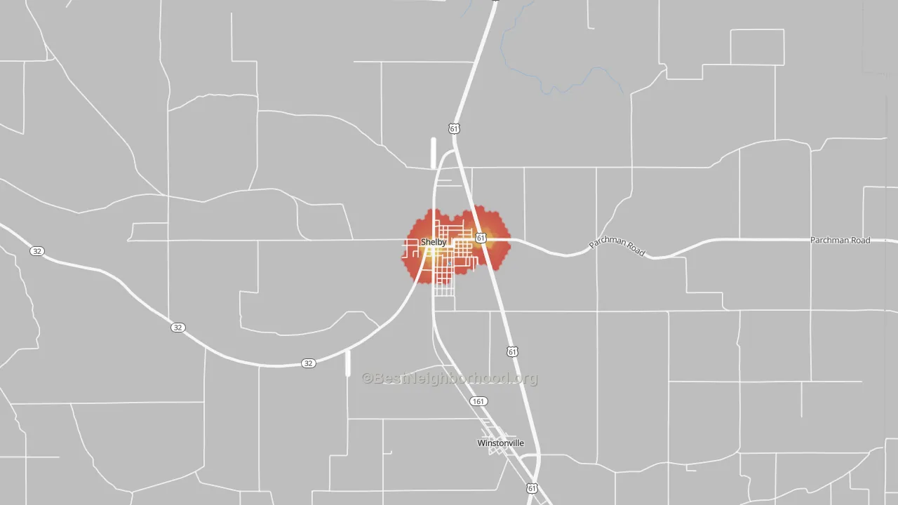 Walk Grade map of 38774, MS, walkable areas in green and car-dependent areas in red